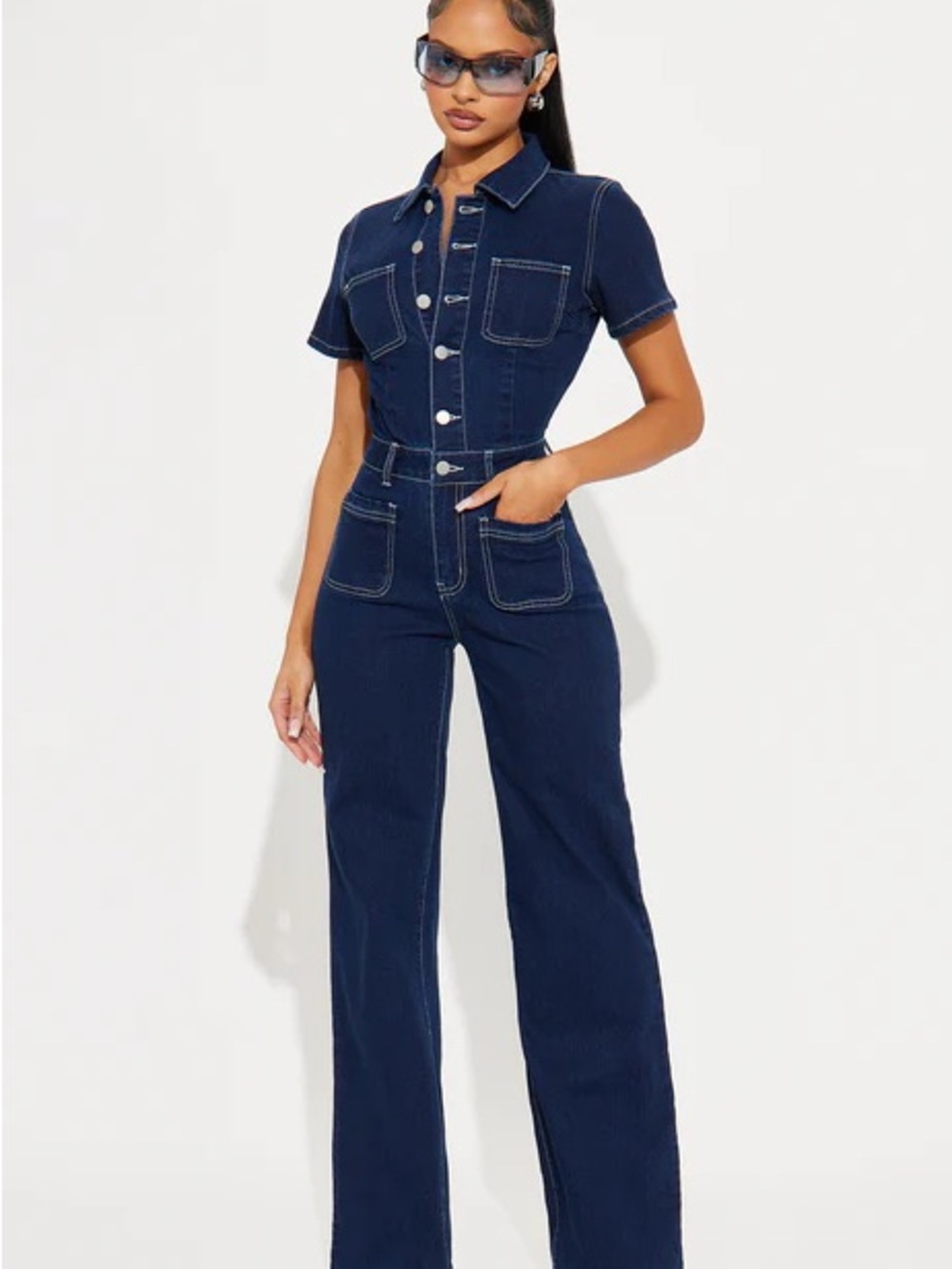 Fashion Nova Dark Indigo Short-Sleeve Denim Jumpsuit